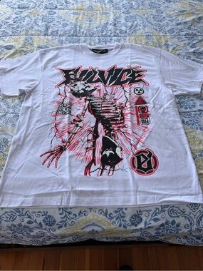 Evil Vice Graphic Skeleton Tee in White with Black & Hot Pink Artwork